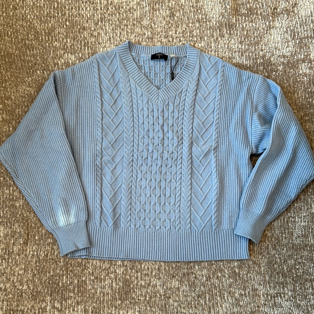 Tahari Blue Cable Knit V-Neck Sweater